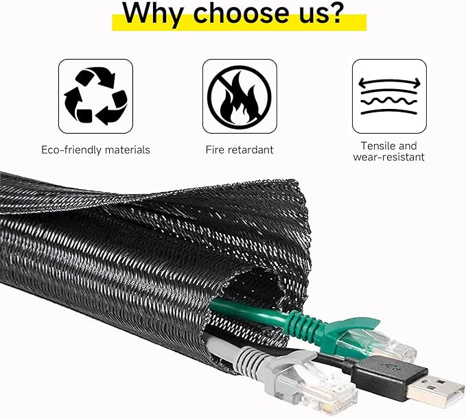 Wire Cord Protector Wire Loom Tubing, 25ft - 1 inch Cable Sleeve Split Sleeving for USB Cable，Computer Electrical Wire Power Cord Audio Video Cable Black