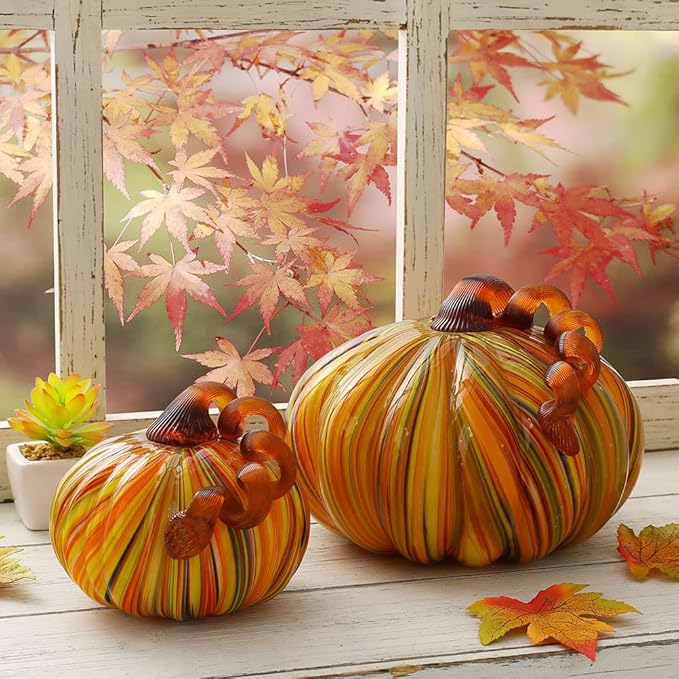 Glitzhome Hand Blown Rainbow Striped Glass Pumpkin Table Accent for Fall & Harvest Thanksgiving Decorating(6.5 Inch)