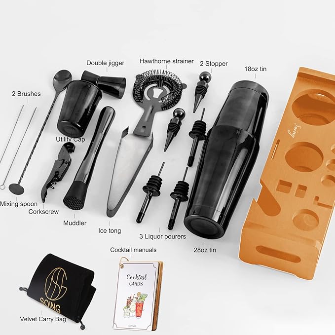 SOING Mixology 24-Piece Bartender Kit,Perfect Home Cocktail Shaker Set for Drink Mixing,Stainless Steel Bar Tools with Stand,Velvet Carry Bag & Recipes Cards Included