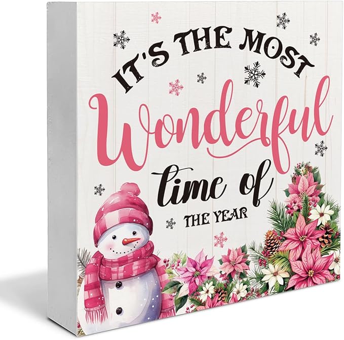 Indoor Christmas Decorations, It's the Most Wonderful Time of the Year Wooden Sign, Snowman Wooden Block Sign, Farmhouse Christmas Decor for Table Shelf 5 x 5 Inch