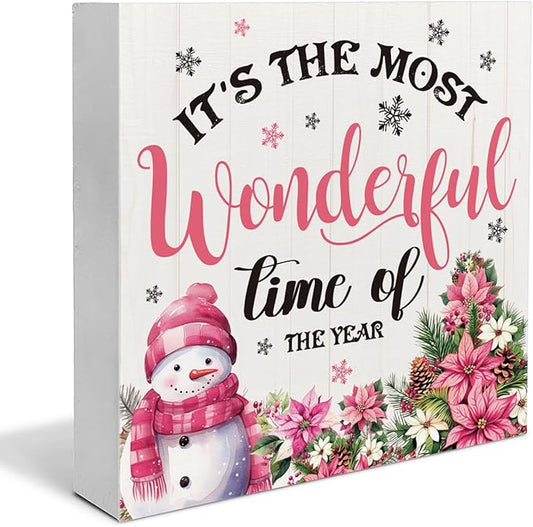 Indoor Christmas Decorations, It's the Most Wonderful Time of the Year Wooden Sign, Snowman Wooden Block Sign, Farmhouse Christmas Decor for Table Shelf 5 x 5 Inch