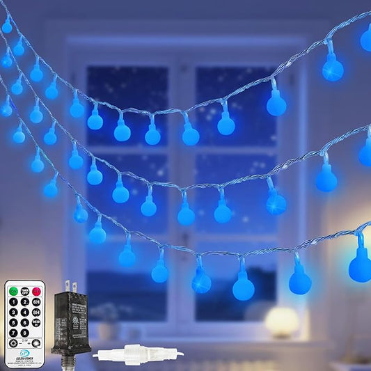 100LED Blue Connectable String Lights Indoor Outdoor for Bedroom, 43ft Fairy Lights with Remote & Timer, Plug in 8 Modes Waterproof Globe Hanging Light for Room Classroom Wedding Party Christmas Decor