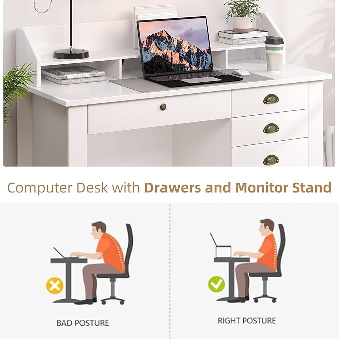 4 EVER WINNER White Desk with Drawers, Small Desk with File Drawer for Small Spaces, Computer Desk with Monitor Stand Wood Table for Home Office, White