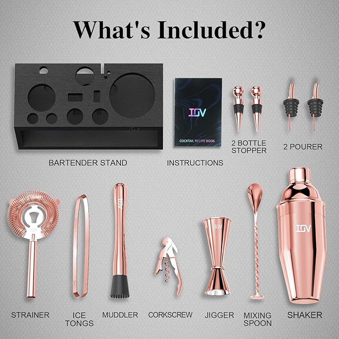 IOV Mixology Bartender Kit with Stand | 12-Piece Cocktail Shaker Set | 24oz Martini Shaker Set for Drink Mixing | Bar Set Includes All Bar Tools and Recipe Booklet | Fun Housewarming Gift (Rose Gold)