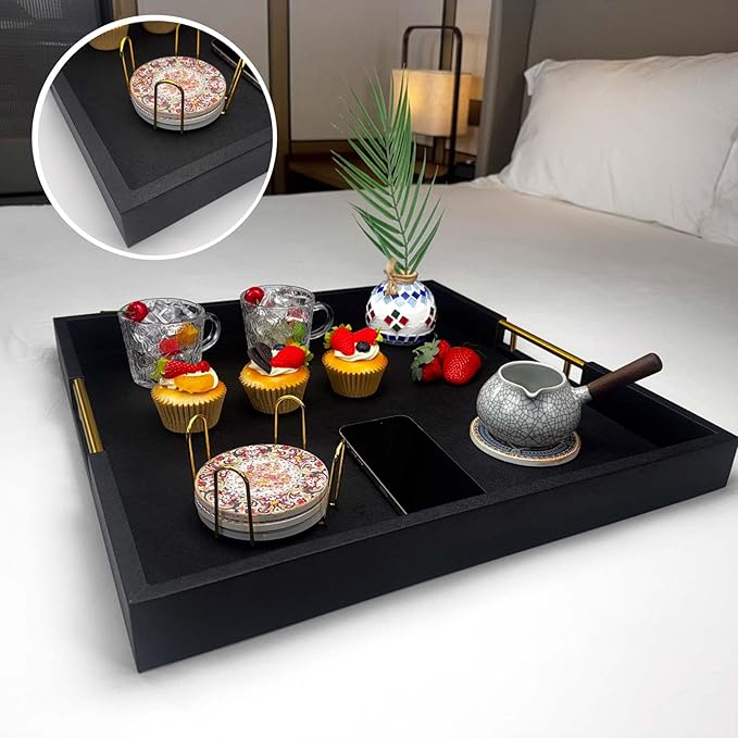 20x20 Inches Large Black Faux Leather Wrapped Wood Ottoman Tray with Handles for All Occasions, Serving Food Breakfast On Bed, Home Decor Decorative, Living Room,Square Coffee Table Organizer