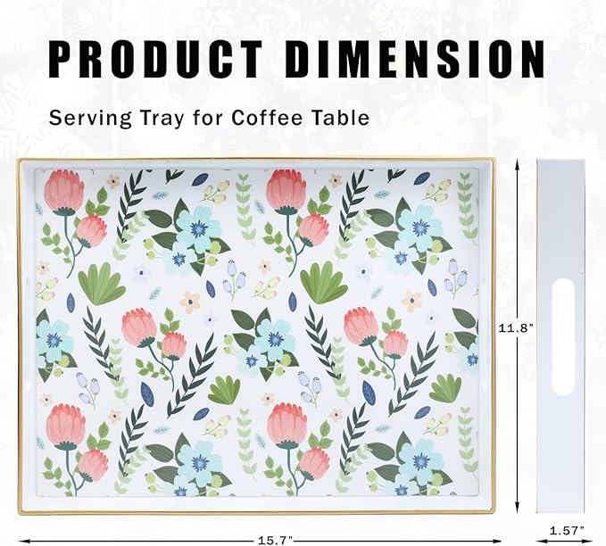 Rectangle Serving Tray with Handles, Coffee Table Tray for Ottoman, Organizer Vanity Tray for Living Room, Outdoor Tray for Patio Entertaining, Serving Breakfast Kitchen Platter LEE3040WH