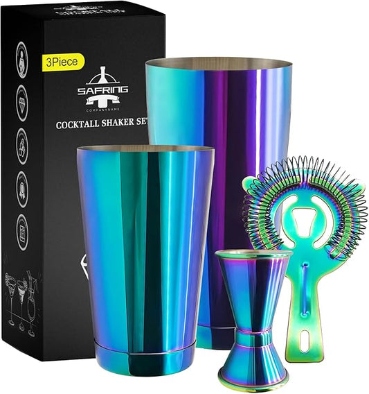 Boston Cocktail Shaker Bar Set, Weighted Boston Shaker Tins, Bartender Kit with 18oz & 28oz Mixed Drink Shaker, Hawthorne Strainer, Double Measuring Jigger - Rainbow