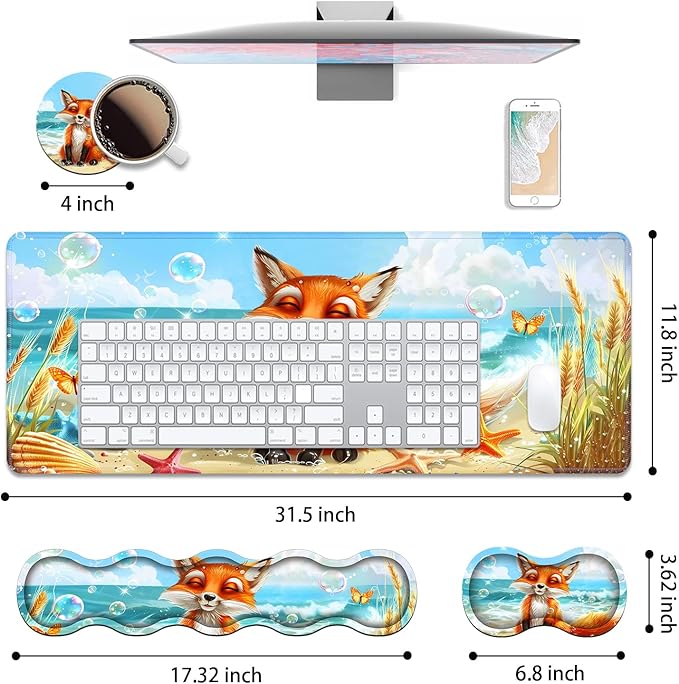 4 in 1 Ergonomic Keyboard Wrist Rest & Mouse Pad Wrist Rest Set, Large XXL Gaming Desk Mat 31.5"x 11.8" with Non-Slip Base, Memory Foam for Home Office Study Gaming, Fox
