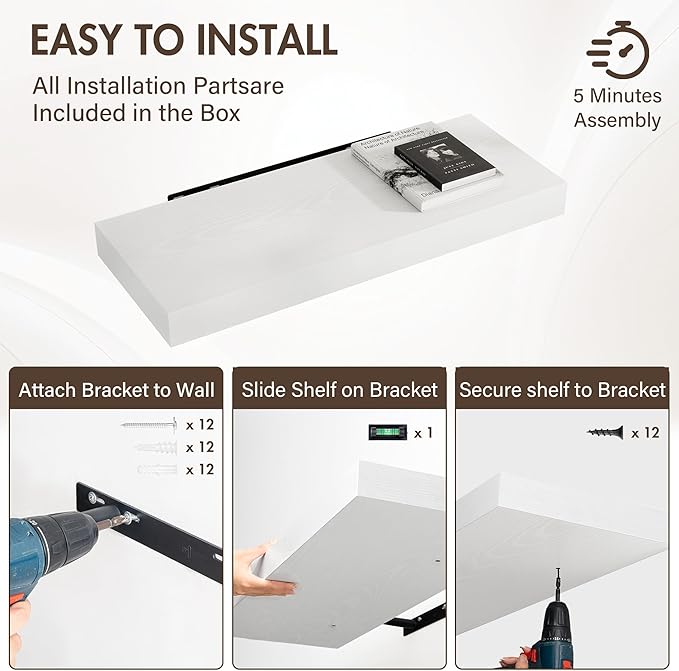 30 Inch Floating Shelves, 12" Deep Floating Shelf Wall Mounted, 30" Wall Shelves, Rustic Deep Bookshelf, Extra Deeper & Thicker Display Shelves for Bedroom, Living Room, White, Set of 2