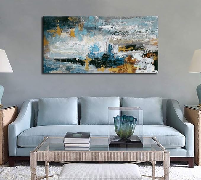 Abstract Wall Art Large Canvas Picture Modern Blue Grey Brown Artwork on Canvas Prints Wall Decoration for Living Room Bedroom Bathroom Kitchen Office Home Wall Decor Framed Ready to Hang 29" x 58"