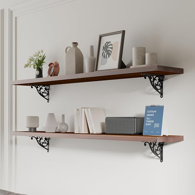 48 inch Long Floating Shelves for Wall,Solid Pine Wood Long Wall Shelves Set of 2,Walnut Color Bookshelf with Retro Iron Brackets for Living Room,Kitchen,Bathroom