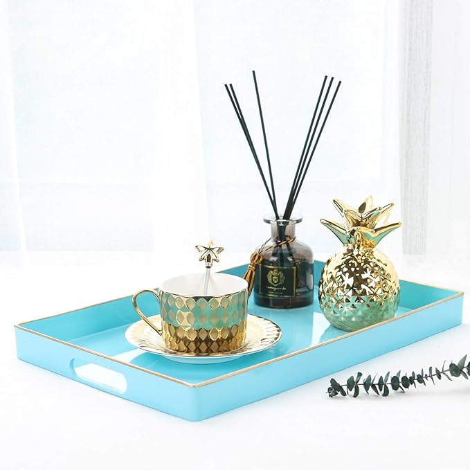 Zosenley Decorative Tray, Rectangular Plastic Tray with Handles, Modern Vanity Tray and Serving Tray for Bathroom, Kitchen, Ottoman and Coffee Table, 15.6” x 10.2”, Blue