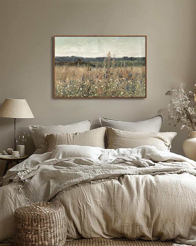 KISSFOX Vintage Landscape Canvas Wall Art Fall Farmhouse Wildflower Field Framed Wall Art Autumn Natural Serene Countryside Paintings Artwork Rustic Art Prints For Bedroom Bathroom Living Room