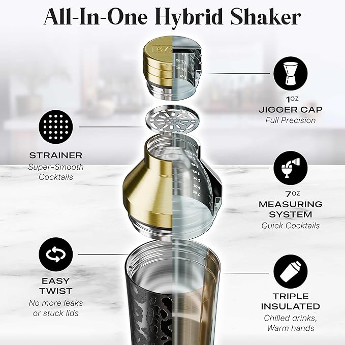 Insulated Cocktail Shaker Set | Double Wall Stainless Steel | Martini Shaker for Home Bar Bartending | Built-in Drink Measurement System & Strainer, Travel Bag, 35 Recipes | Gift Set (Leopard Gold)