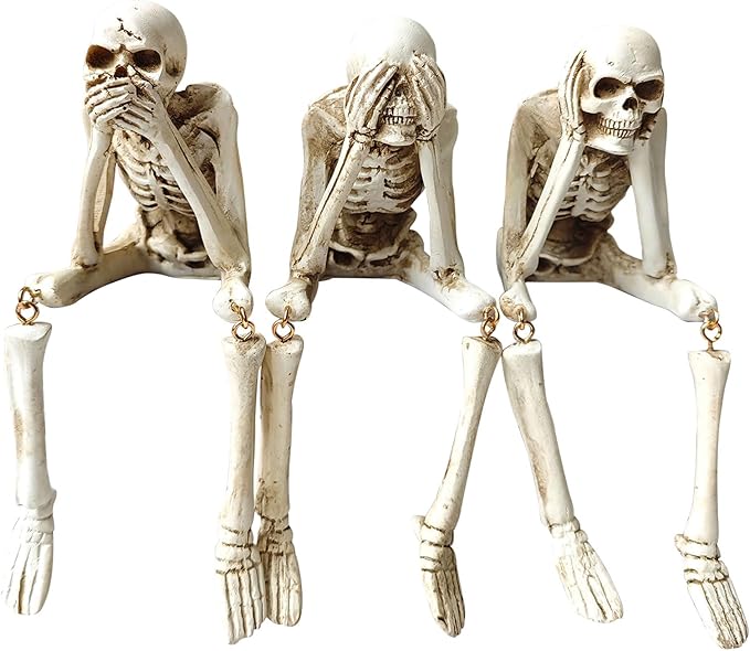 Halloween Skeleton Statues Set of 3 – See No Evil, Hear No Evil, Speak No Evil, Resin Skull Figurines for Gothic Home Decorations, Shelf Mantel Decor, Tabletop Halloween Decor Indoor (3-Piece Set)
