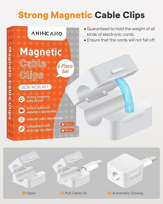 6 Pack Magnetic Cable Clips+2 Sheets (20 Lables) Cute Self-Adhesive Sticker Lables, 11.5mm Ultra Slim Smooth Adjustable Cord Holder, Under Desk Cable Management for Home/Office/Kitchen/Nightstand