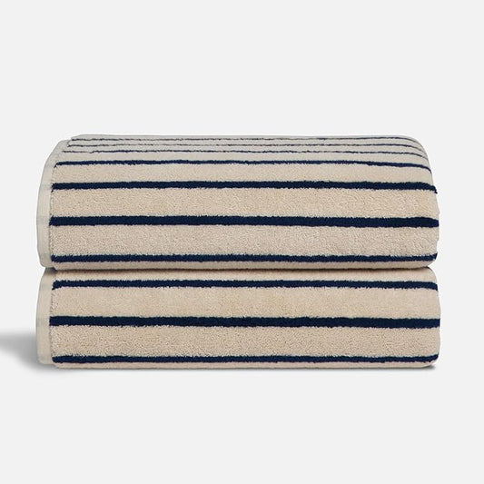 Brooklinen Super-Plush Turkish Cotton Bath Towels Set of 2 Cotton, 820 GSM, Machine Washable, Perfect Bath Towels for Bathroom, Spa & Shower (30" x 58", Striped Navy)