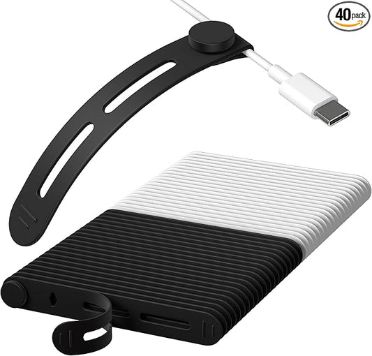 40Pcs Nearockle Reusable Cable Ties, Adjustable Silicone Cord Organizer Small Zip Ties for Charging Cords Earphone Computer Wire, Office Desk Cable Management Travel Accessories(White&Black)