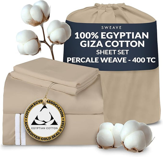 100% Egyptian Cotton Percale Sheets Split King Size - Genuine Luxurious 400 Thread Count - Naturally Crisp, Breathable, Skin-Friendly & Cooling - Softer After Each Wash -Oeko-TEX Certified Giza