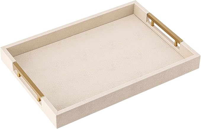 Beige Faux Leather Serving Tray with Handles – Large Decorative Tray for Coffee Table, Ottoman, Living Room, Bathroom – Home Decor