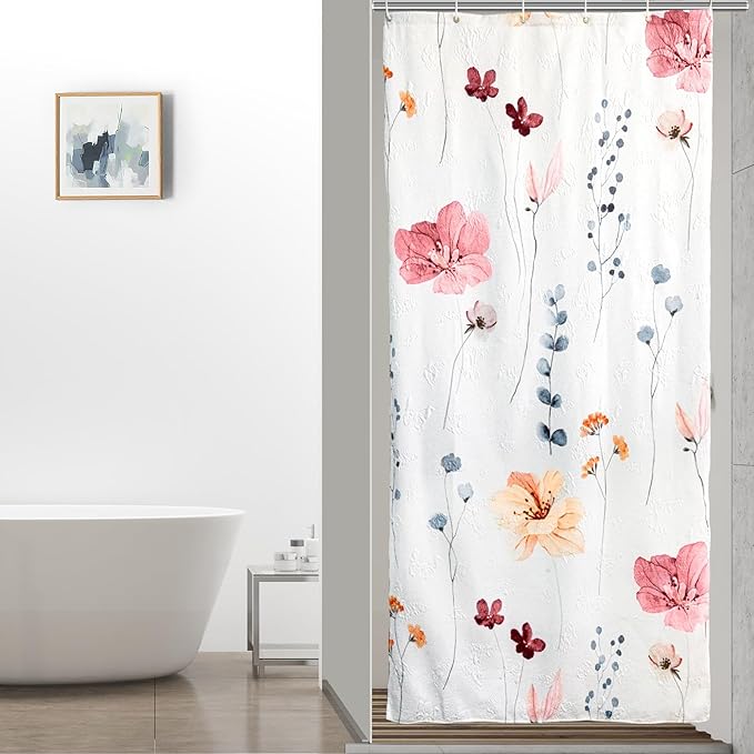 QiyI Small Stall Shower Curtain 36 x 72, Narrow Half Watercolor Floral Bath Curtain, 3D Embossed Peach Pink Flower Cloth Bathroom Curtain, Waterproof Fabric White Shower Curtain Set with Hooks