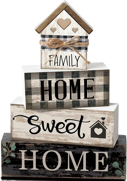 4 Pcs Farmhouse Wooden Tabletop Decor Sweet Home Tiered Tray Decor Rustic Retro Wood House Shaped Block Sign Housewarming Gifts Neutral Centerpiece Farmhouse Table Sign for Home Shelf Mantle