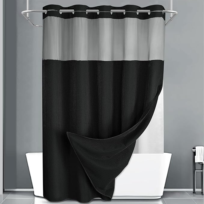 YellyHommy No Hook Shower Curtain with Snap in Liner Set Less Time Black Waffle Shower Curtain for Bathroom 78" L x 72" W