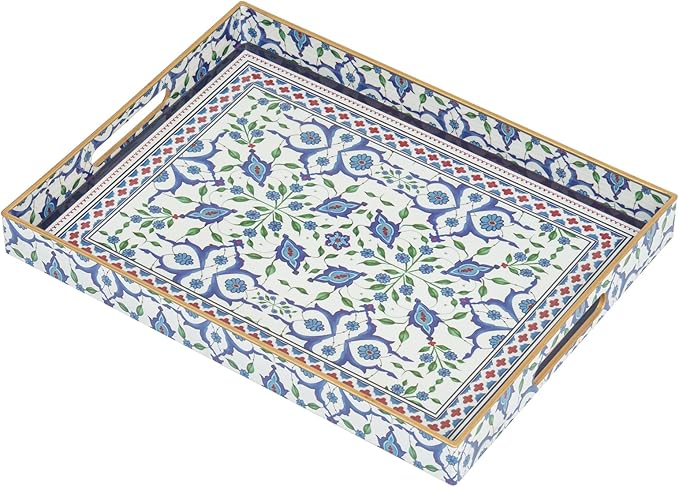 Serving Tray, Boho Plastic Food Trays for Eating on Lap Decorative Coffee Tray with Handles Rectangular Non-Slip Candle Plate, 15.7"x11.8"x1.6" Large Drinks Platter for Kitchen/Living Room/Bedroom