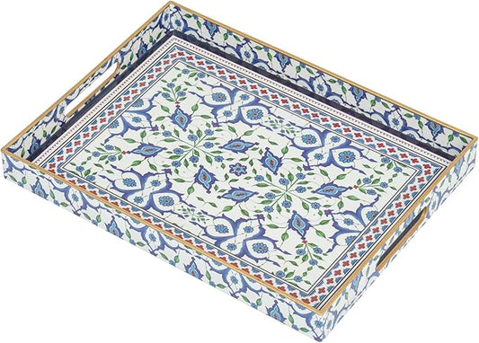 Serving Tray, Boho Plastic Food Trays for Eating on Lap Decorative Coffee Tray with Handles Rectangular Non-Slip Candle Plate, 15.7"x11.8"x1.6" Large Drinks Platter for Kitchen/Living Room/Bedroom