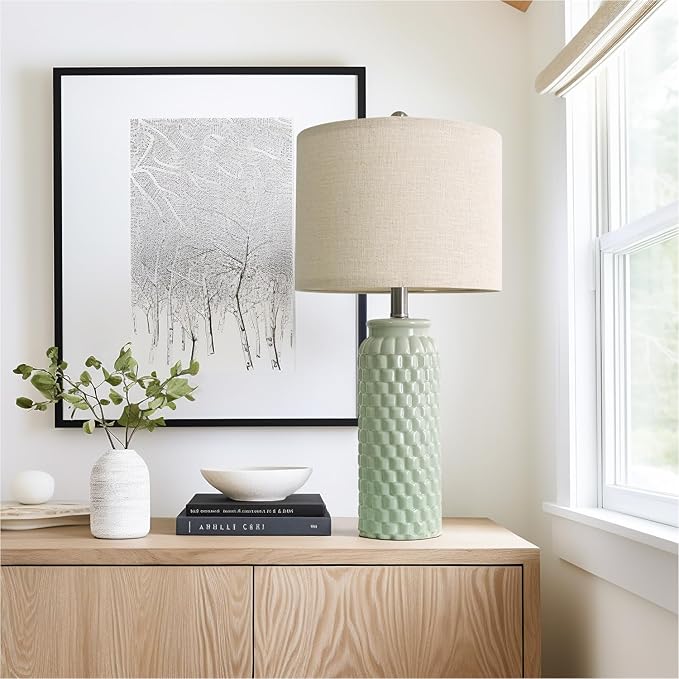 24" Modern Ceramic Green Bedside Lamp Set of 2 Table Lamp for Bedroom Decor Farmhouse Table Lamp for Living Room Office Dorm