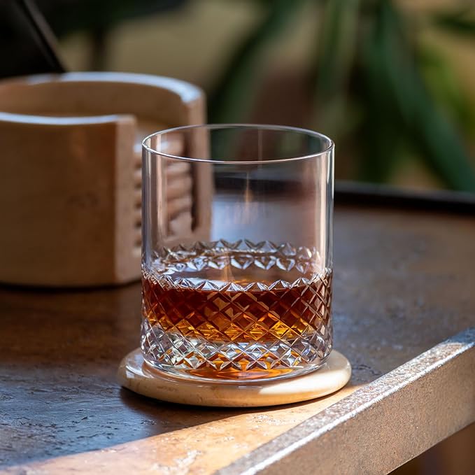 Rolf Glass Diamond On the Rocks Glass | 11oz Luxury Whiskey Glasses | Diamond-Wheel Engraved and Polished in America | Lead-Free, Heavy Base | Set of 4