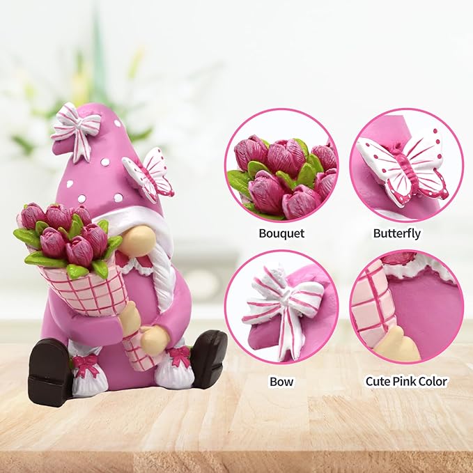 Spring Pink Gnome Figurine Decor- 5.7'' Waterproof Resin Summer Fairy Garden Statue Fall Decorations for Home - Summer & Retirement Gift for Women