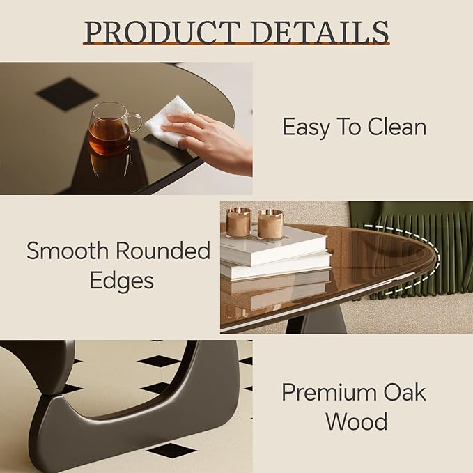 Coffee Table for Living Room Mid Century Modern Center Table with Glass Top and Oak Wood, Brown/Black