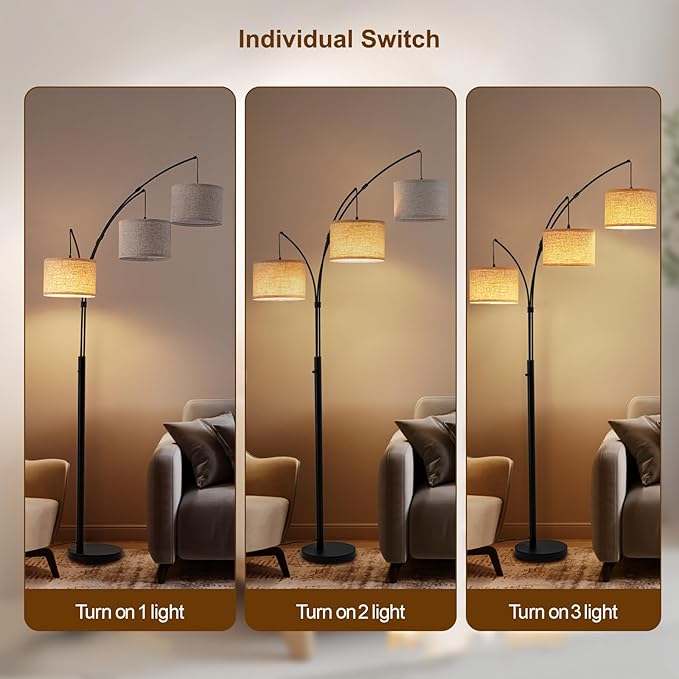 Arc Floor Lamp, 3 Light Floor Lamp with Remote, 2400LM Super Bright Tall Standing Lamp with 3 Color Temps & Dimmable, 80" Mid Century Tree Floor Lamps for Living Room, Bedroom, Office