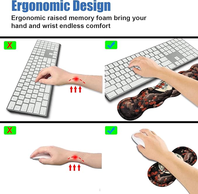 4 in 1 Ergonomic Memory Foam Mouse Pad Wrist Rest Set, Large XXL Gaming Desk Pad + Keyboard Wrist Rest + Mouse Wrist Cushion + Coaster for Home Office Study Gaming, Moon Peak Flowers