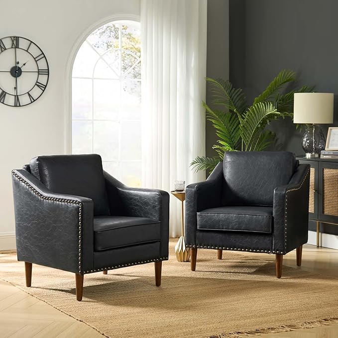 HULALA HOME Faux Leather Accent Armchairs Set of 2 with Back & Seat Cushions, Traditional Club Chairs with Nailhead Trim, Comfy Upholstered Sofa Chairs for Living Room Bedroom, Black