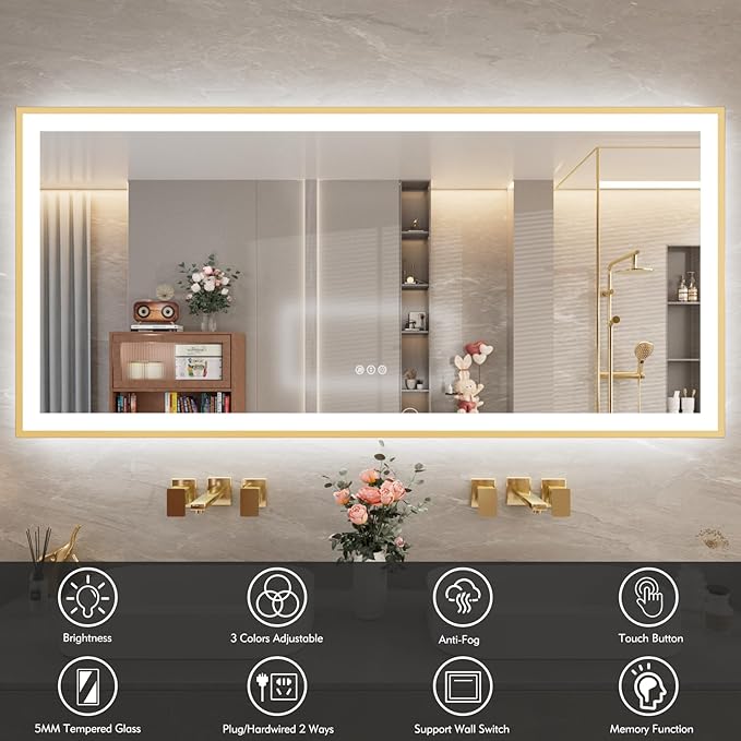 72x32 LED Bthroom Mirror with Gold Metal Frame, Dimmable Lighted Mirror with Backlit and Front-lit,LED Vanity Mirror for Wall, Memory Function, Tempered Glass, Anti-Fog