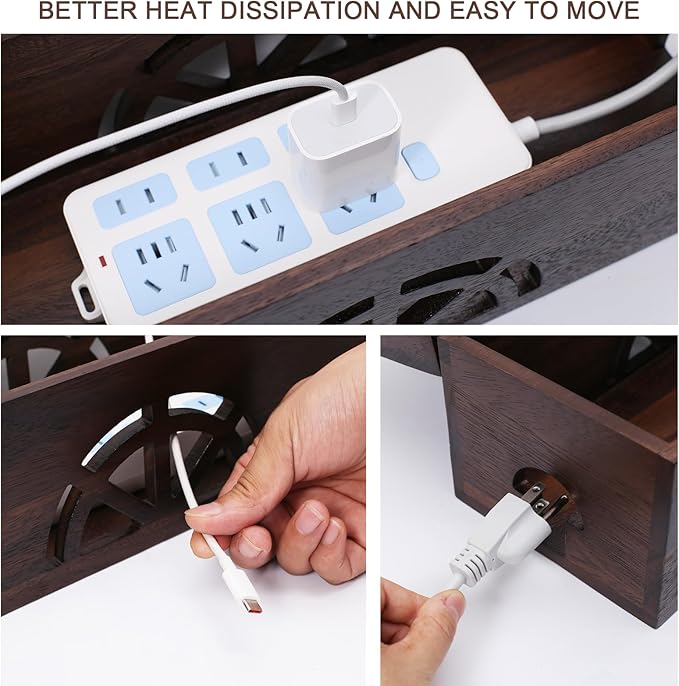 Wood Cable Management Box - 15.8" (L) x 6" (W) 5.5" (H) Walnut Wood Cable Hider Box, Cord Hider with Magnet Design & Outlet Hole, Power Strip Surge Protect & Organizer for Home Office Kitchen TV Wires