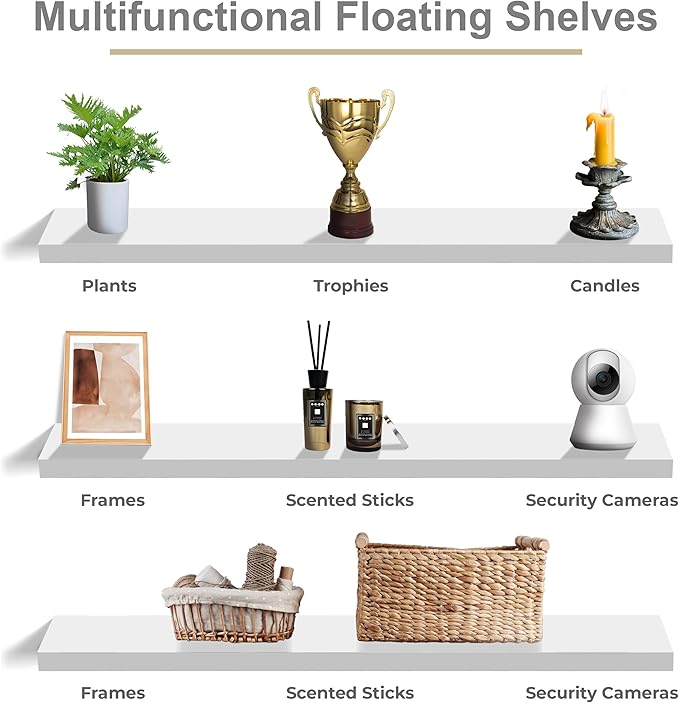 Sorbus Floating Shelves for Wall - 55 Inch Extra-Long Bathroom Shelves, Wall Decor for Bedroom, Kitchen, Living Room, Book Storage - Mounted Floating Shelf with Hidden Brackets (White, 3 Pack)