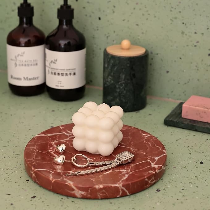 8" Natural Travertine Ring Dish Jewelry Tray for Women Gift - Marble Trinket Dish for Key Earring Nightstand - Candy,Fruit, Nut, Snack Serving Tray for Table, Home Decor (French Red Marble)