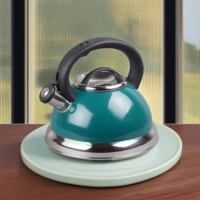 3.0 QT Stainless Steel Whistling Tea Kettle – Quick Boil Encapsulated Base, Cool-Touch Handle, Loud Whistle, Stovetop Safe – Aqua Blue