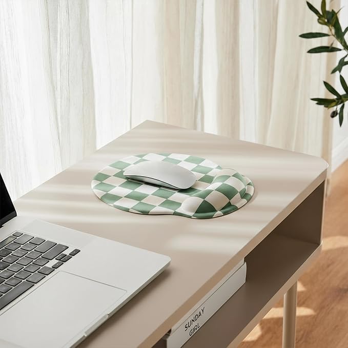 Sage Green Checkered Mouse Pad with Gel Wrist Rest, Wrist Support, Ergonomic Desk Accessories for Women, Office Laptop Gaming Decor, Cute Aesthetic Trendy Check Design