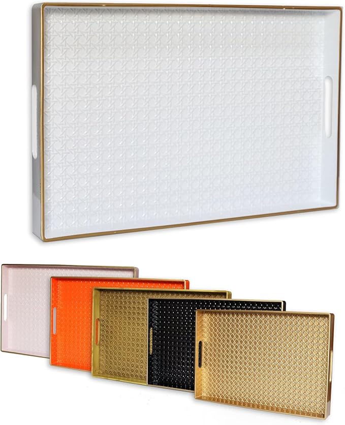 White Decorative Coffee Table Tray, Rectangular Plastic Serving Tray with Handles for Living Room, Ottoman, Bathroom, 15.7"*10.2"