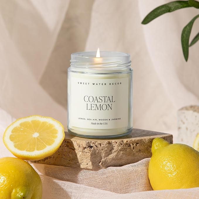 Sweet Water Decor Coastal Lemon Scented Candles - Soy Candles with Lemon, Sea Salt, & Driftwood for Home Decor - Candle Wax with 40 Hours Burn Time - 9oz Gold Lid Clear Jar Candles for Home Scented