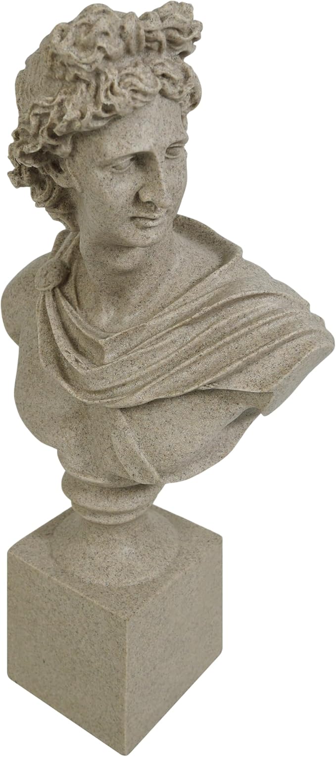 Apollo of The Belvedere Bust Sculpture, Greek Pythian Apollo Statuette, Sandstone Sculpted Figure, 14 x 7.5 x 3.25 Inches
