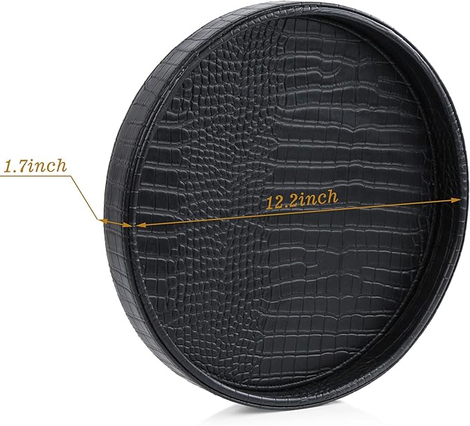 HofferRuffer Faux Leather Round Serving Tray, Vegan Croco Leather Decorative Tray, Food Tray for Storage Drinks, Snack & Cosmetics, Dia.12'' x 1.6'' (Black)
