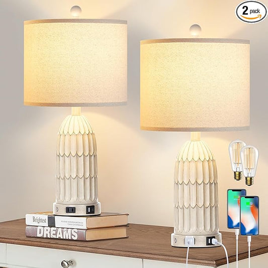 Farmhouse Table Lamps Set of 2, 3-Way Dimmable Touch Lamp for Bedroom Nightstand with USB A+C Ports & AC Outlet, White Vintage Boho Bedside Lamp for Living Room End Table (Bulbs Included)
