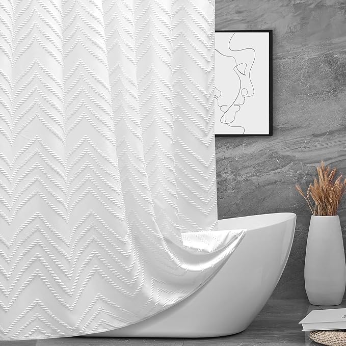 78 inch Shower Curtain Tall Shower Curtain 78 Inches Long White Tufted Chevron Striped Fabric Shower Curtains for Bathroom Modern Shabby Chic Waterproof Cloth Shower Curtains, White