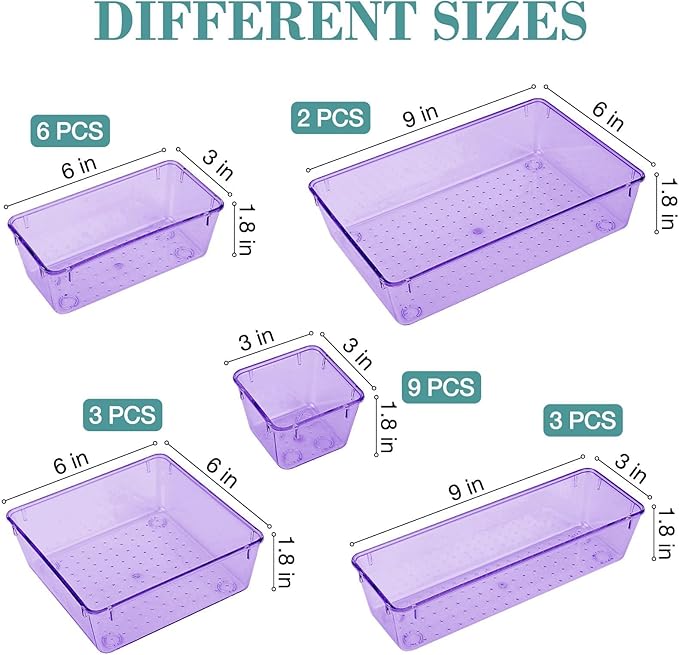 23 PCS Drawer Organizer Set, 5 Varied Size Bathroom and kitchen Drawer cabinet organizer Trays, Clear Storage Bins for Makeup, Jewelry, Utensils and Gadgets, Purple