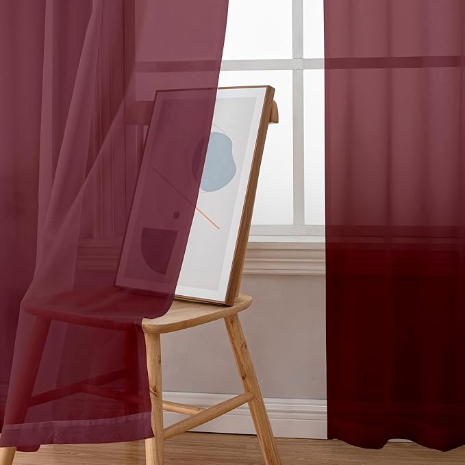 Aiyufeng 2 Piece Burgundy Sheer Curtains 84 Inch Length, Light Filtering Kitchen Curtain for Bedrrom/Living Room/Kitchen Window, Voile Top Dual Rod Pocket, 2 x 40 W x 84" L